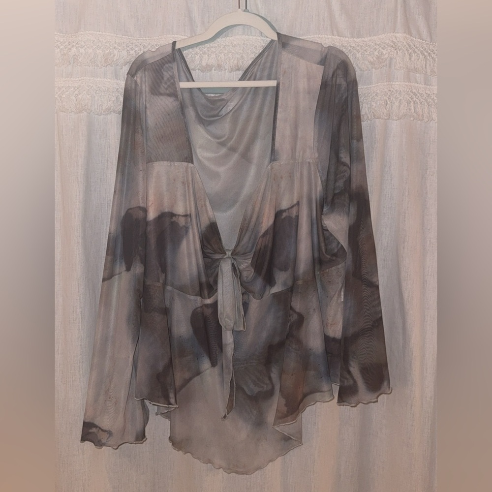 SHEIN Sheer Tie-Front Blouse in Gray and Taupe Watercolor